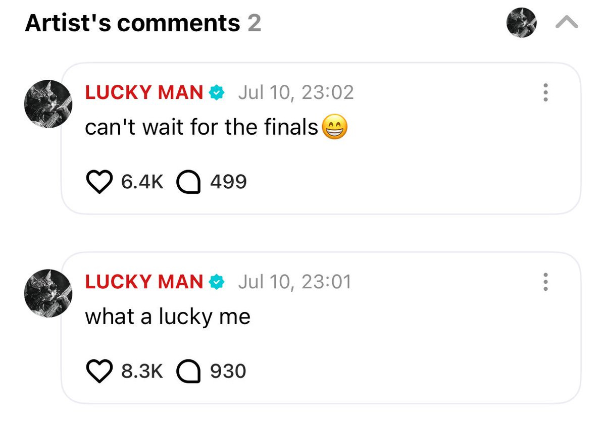 [ #제이’s Reply ] 250711

🐈‍⬛: what a lucky me
🐈‍⬛: can't wait for the finals😁

<a href="/ENHYPEN_members/">ENHYPEN</a> <a href="/ENHYPEN/">ENHYPEN OFFICIAL</a> #ENHYPEN #엔하이픈 #JAY