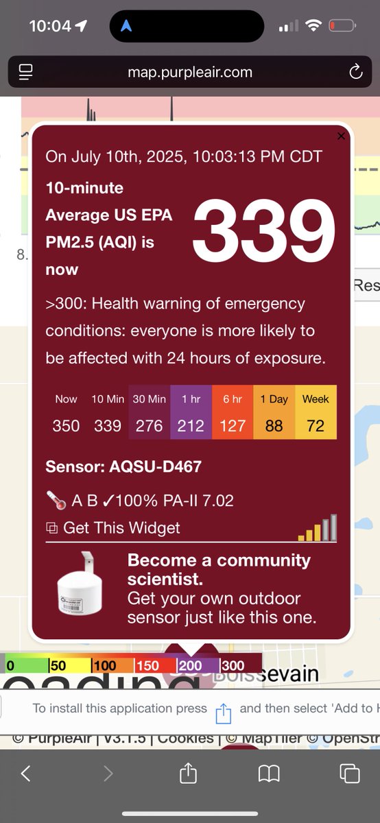 aaronjayjack's tweet image. Holy smoke! The air quality just took a nose dive in southern Manitoba on the backside of the storms that came through this evening. We are in the air quality Danger Zone. Our Purple Air sensor is reading 339 AQI! Some of the worst air in North America right now.…