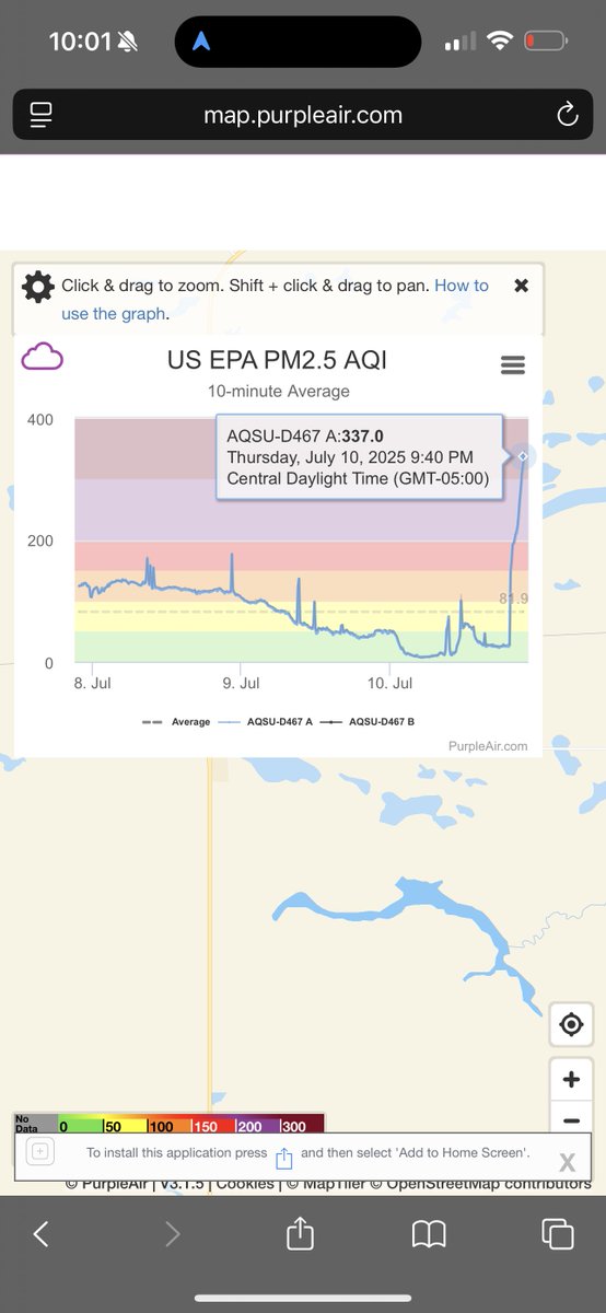 aaronjayjack's tweet image. Holy smoke! The air quality just took a nose dive in southern Manitoba on the backside of the storms that came through this evening. We are in the air quality Danger Zone. Our Purple Air sensor is reading 339 AQI! Some of the worst air in North America right now.…