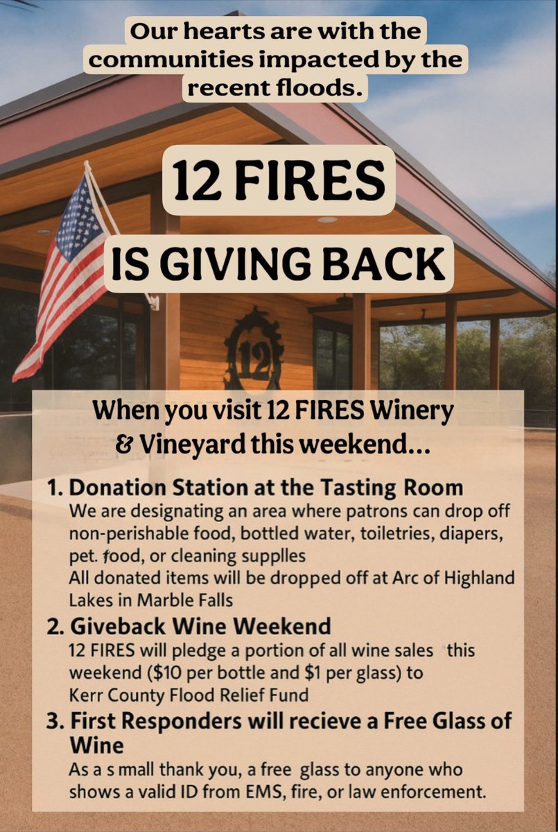 12FiresWinery's tweet photo. This weekend as we welcome guests to the vineyard, we remain grounded in gratitude and committed to supporting our neighbors
🍷 Donate supplies
🍷 Sip for a cause
🍷 Support first responders
#12FIRES #TexasHillCountryStrong #WineForRelief #SipForACause #SupportLocal #GiveBack https://t.co/fZONla9373