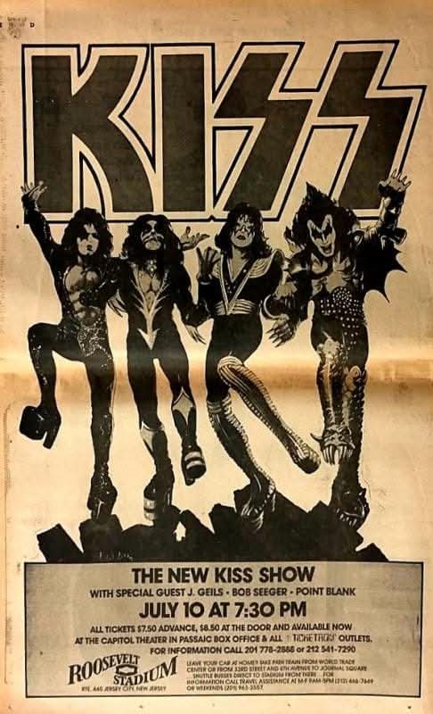 kiss's tweet image. #KISSTORY - July 10, 1976 - KISS rocked Roosevelt Stadium in Jersey City, NJ. This stop on The Spirit of '76 / Destroyer Tour featured openers J. Geils, Bob Seger & Point Blank.