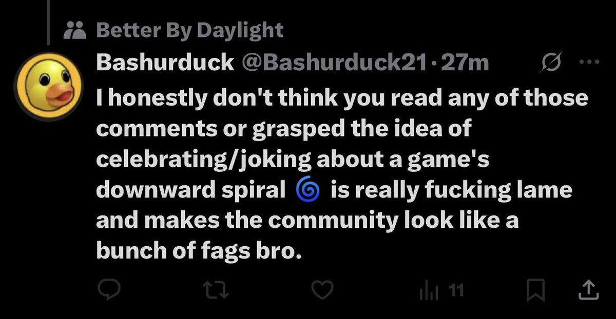 Bashurduck21's tweet image. Don't let the bio fool you, the #DeadbyDaylight community will always be full of survivor main losers. Killer mains and their input is only allowed when it follows the unhinged rule book that behvr and survivors pulled out of their ass. Let's go #FeartheReaper !