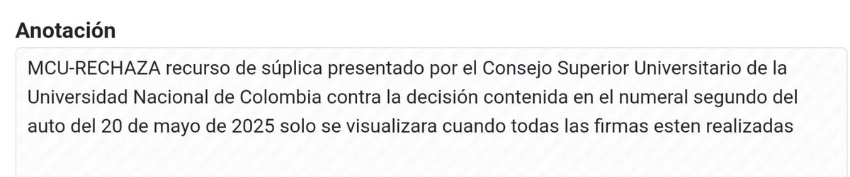 Diego A. Torres G. (@diegotorres_fis) on Twitter photo El <a href="/consejodeestado/">Consejo de Estado</a> niega el recurso de suplica que interpuso el Consejo Superior Universitario de la <a href="/UNALOficial/">Universidad Nacional de Colombia</a>. Es tiempo de detener la instrumentalización de la academia para dilatar la llegada de la justicia.
Solo falta sentencia del <a href="/consejodeestado/">Consejo de Estado</a> a menos que sigan El <a href="/consejodeestado/">Consejo de Estado</a> niega el recurso de suplica que interpuso el Consejo Superior Universitario de la <a href="/UNALOficial/">Universidad Nacional de Colombia</a>. Es tiempo de detener la instrumentalización de la academia para dilatar la llegada de la justicia.
Solo falta sentencia del <a href="/consejodeestado/">Consejo de Estado</a> a menos que sigan