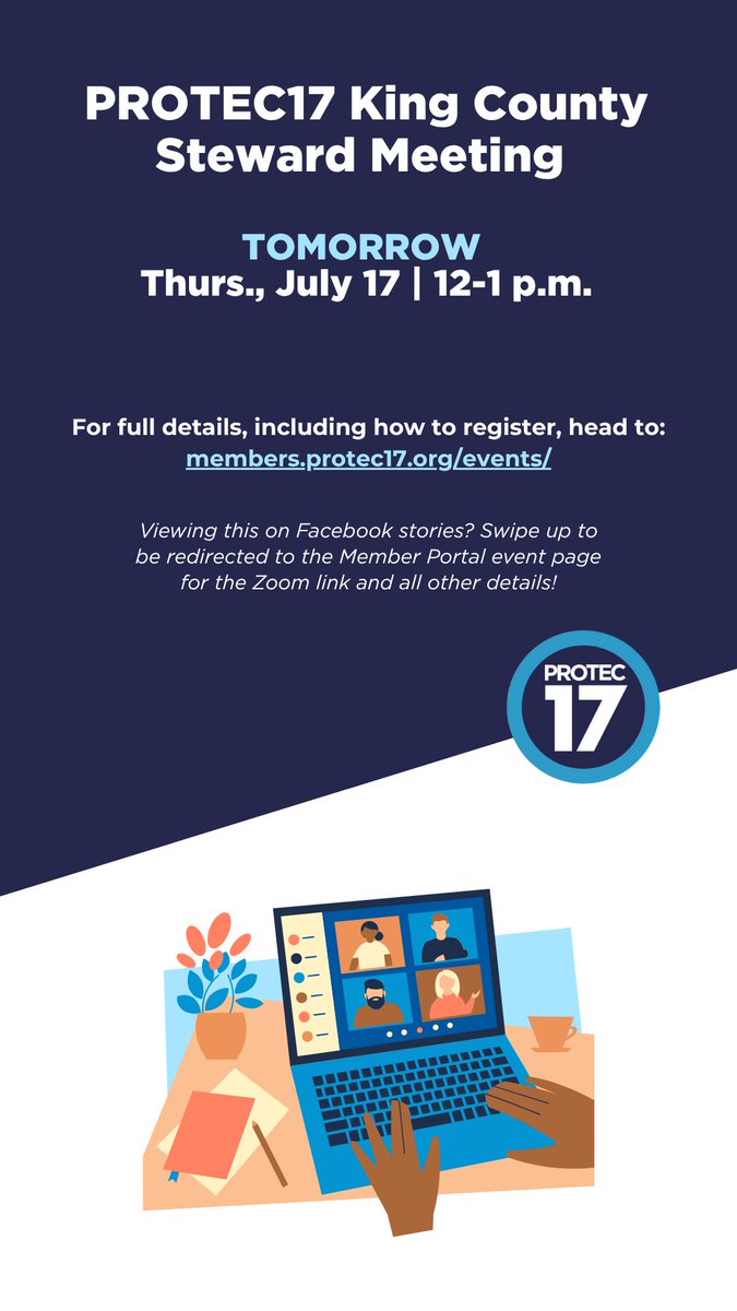 PTE17's tweet image. PROTEC17 King County Stewardsβ Don't forget to join our monthly meetings again. Our next one is TOMORROW Thurs., July 17 from 12-1 p.m.
Check your personal email or the Member Portal events page (members.protec17.org/events/) for deets!