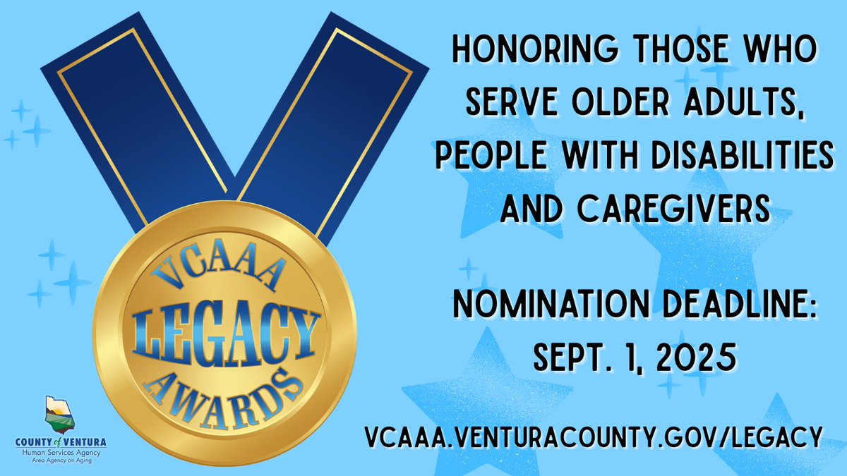 VCAAAging's tweet image. Every year the VCAAA’s Advisory Council recognizes outstanding organizations and individuals that are doing great work for our county’s older adults, people with disabilities and caregivers. Make your nomination for a LEGACY Award today!
🔗: vcaaa.venturacounty.gov/legacy