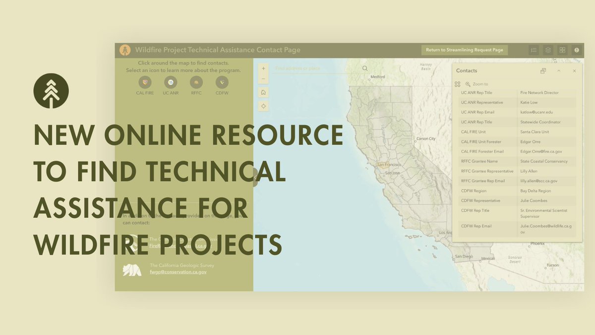 CAwildfireTF's tweet image. Our new map makes it easy to find technical assistance on wildfire projects. Find the right expertise from development to implementation in each county in CA. bit.ly/tf-contacts-map