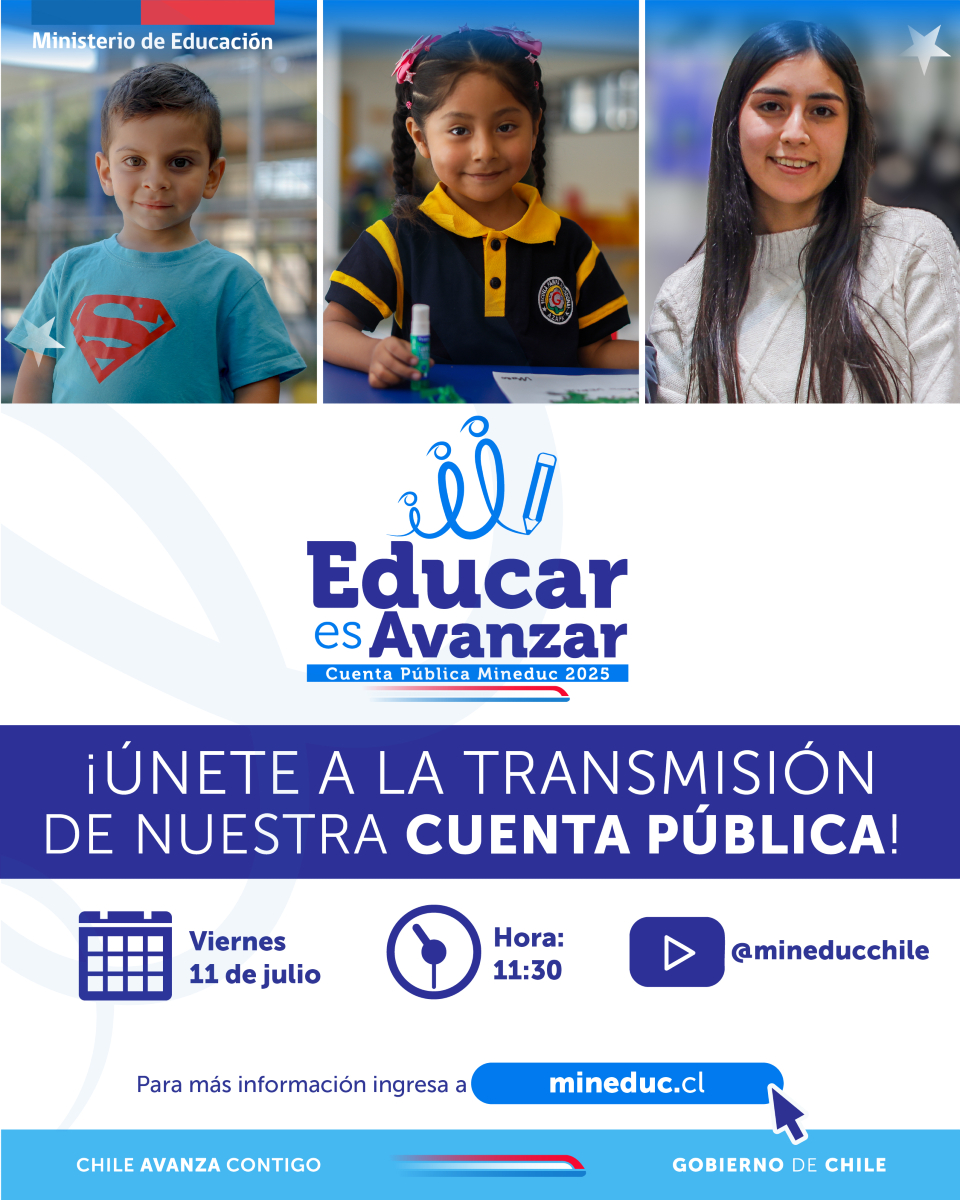 Te invitamos a conectarte en vivo a la Cuenta Pública 2025 del Ministerio de Educación. Este año se transmitirá desde la comuna de Cauquenes, en la Región del Maule. ¡Súmate y participa! 
💻Conéctate en nuestro canal de YouTube.