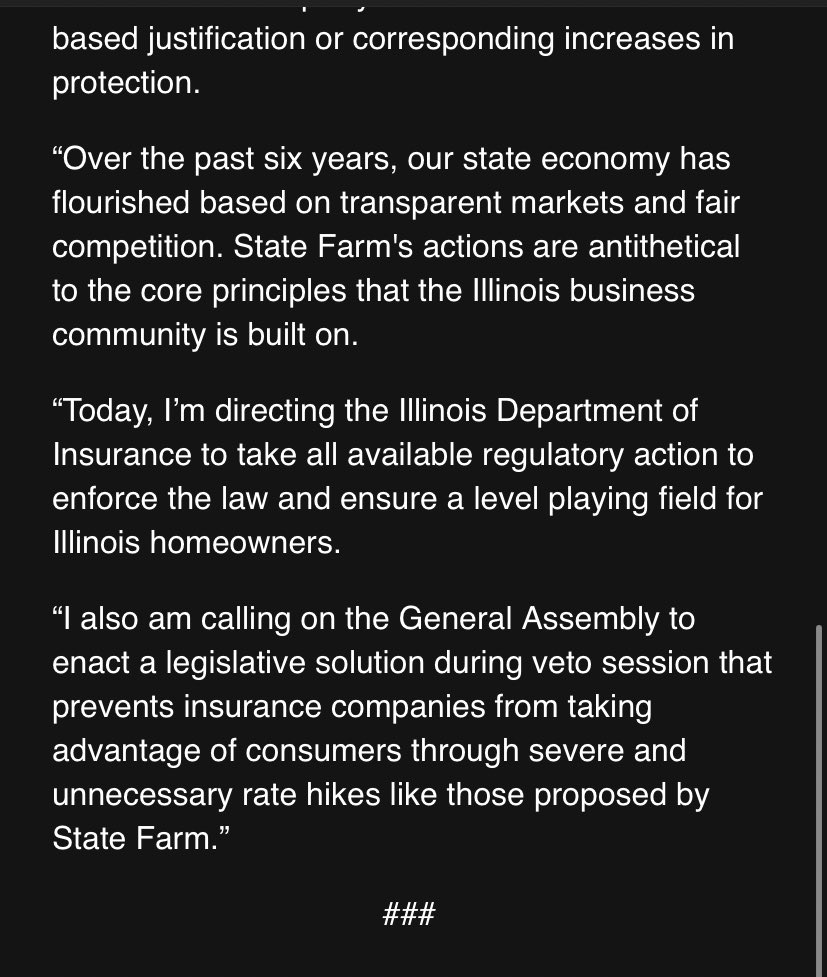 Brenden Moore (@brendenmoore13) on Twitter photo .<a href="/GovPritzker/">Governor JB Pritzker</a> says Bloomington-based <a href="/StateFarm/">State Farm</a> is “shifting out-of-state costs onto the homeowners in our state.”
“Hard-working Illinoisans should not be paying more to protect beach houses in Florida,” he says, calling for a legislative solution during the fall veto session. .<a href="/GovPritzker/">Governor JB Pritzker</a> says Bloomington-based <a href="/StateFarm/">State Farm</a> is “shifting out-of-state costs onto the homeowners in our state.”
“Hard-working Illinoisans should not be paying more to protect beach houses in Florida,” he says, calling for a legislative solution during the fall veto session.
