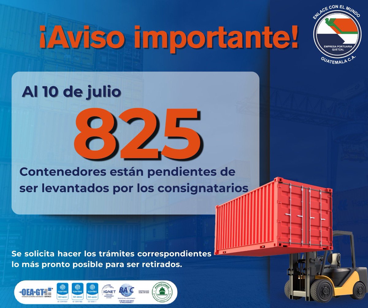 🔔Recuerda realizar los trámites correspondientes con tu transportista para agilizar la salida de los contenedores de puerto🔔  

<a href="/AGEXPORTGT/">AGEXPORT</a> <a href="/CUTRIGUA/">CUTRIGUA</a> <a href="/industriaguate/">Cámara de Industria de Guatemala</a> <a href="/CamComercioGT/">Cámara de Comercio de Guatemala</a> <a href="/cpngobgt/">Comisión Portuaria Nacional</a>  <a href="/SATGT/">SAT Guatemala</a> <a href="/cpngobgt/">Comisión Portuaria Nacional</a>