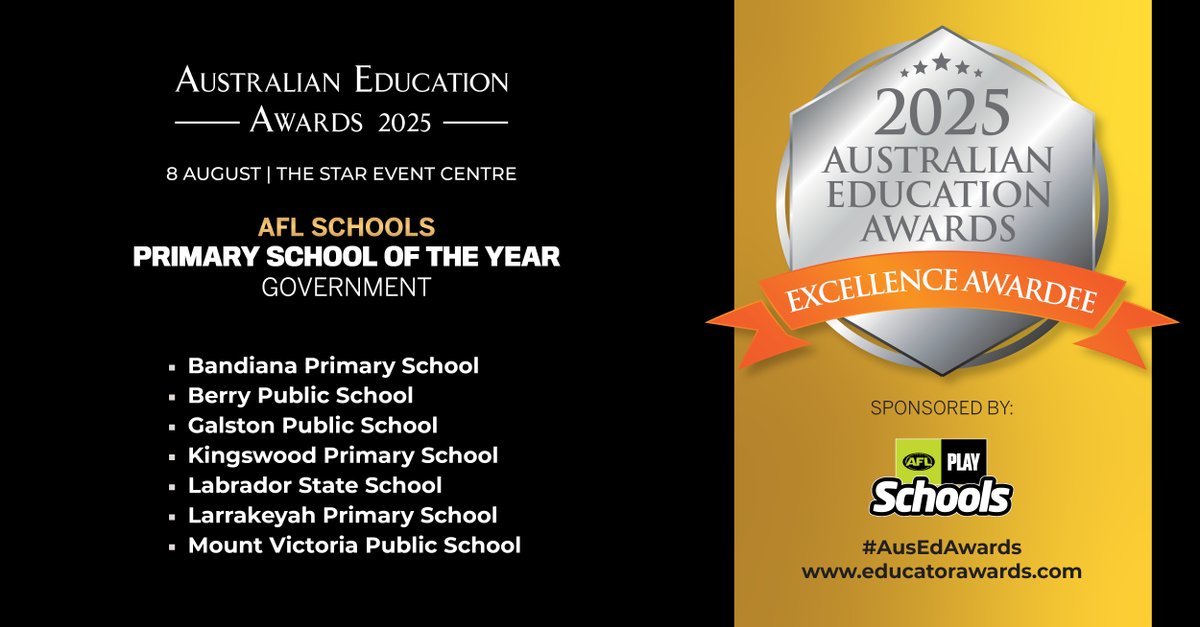 Congratulations to all the Excellence Awardees of the AFL Schools Primary School of the Year – Government at the 2025 Australian Education Awards!

Award winners will be announced on 8 August 2025 at The Star Event Centre.

Register now: hubs.la/Q03w9R6G0

#AusEdAwards