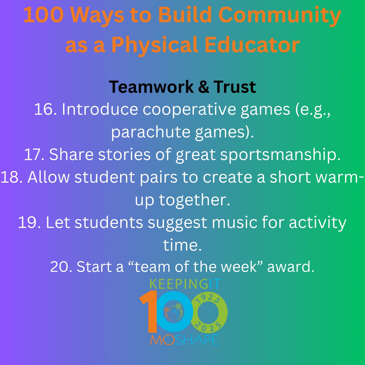 Missouri SHAPE (@moshape1) on Twitter photo <a href="/crestfit2021/">MrCrestfit2021</a> and the Equity, Diversity, and Inclusion Committee have created 100 Ways to Build Community as a Physical Educator. Check out 11-20 below and stay tuned for more!!
#KeepinIt100💯 <a href="/crestfit2021/">MrCrestfit2021</a> and the Equity, Diversity, and Inclusion Committee have created 100 Ways to Build Community as a Physical Educator. Check out 11-20 below and stay tuned for more!!
#KeepinIt100💯