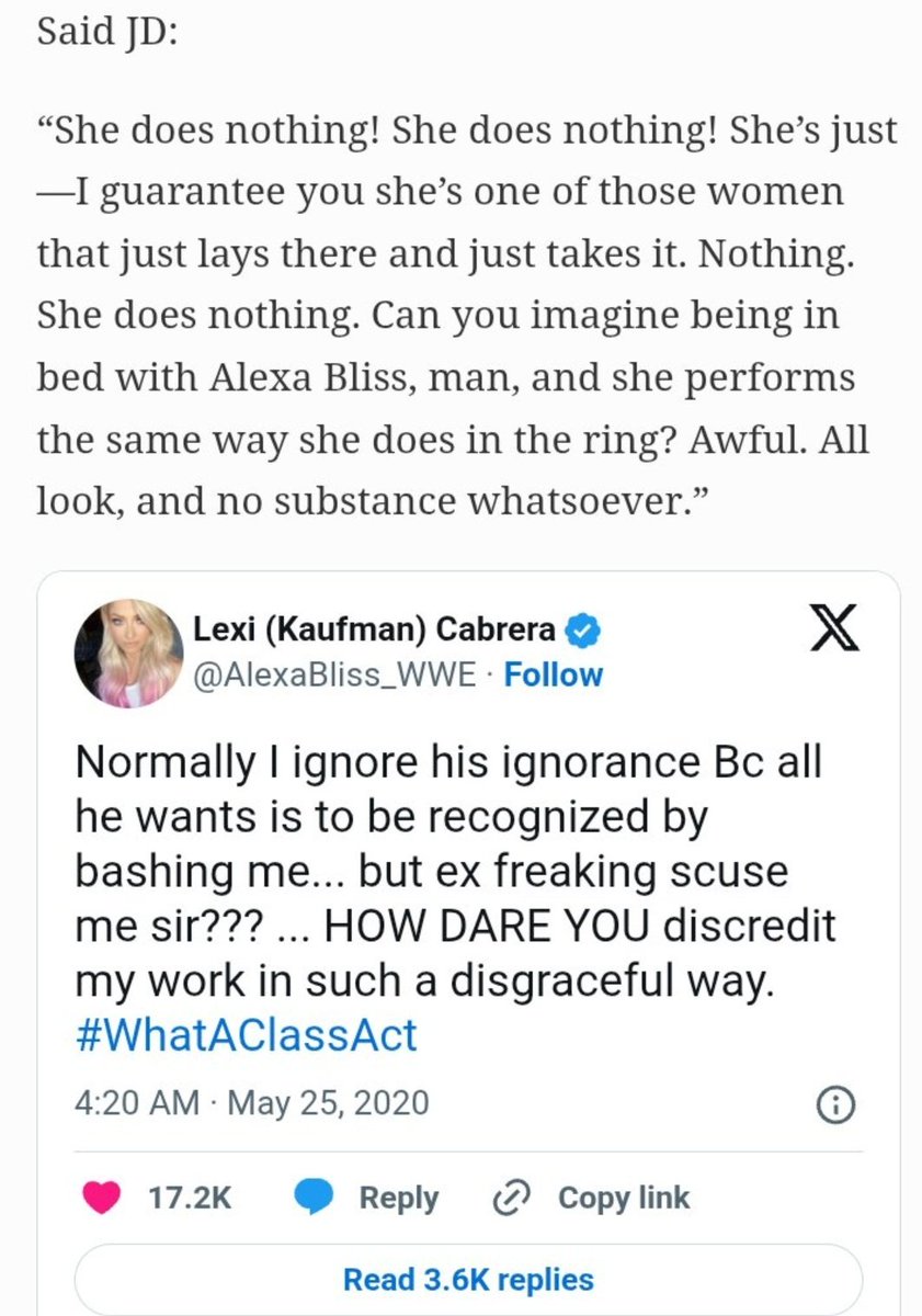 brucercap's tweet image. For the ones still defending JD, this is just a reminder of what JD said about Alexa Bliss some years back. He's a miserable human being
