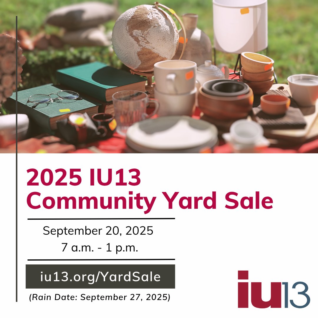 📣 Save the date! The IU13 Community Yard Sale is Sept 20, 7 AM–1 PM (Rain date: Sept 27).
Want to be a vendor? Proceeds support local students via the IU13 Social Work Fund.
Register by Sept 5: hubs.li/Q03tmsj_0
