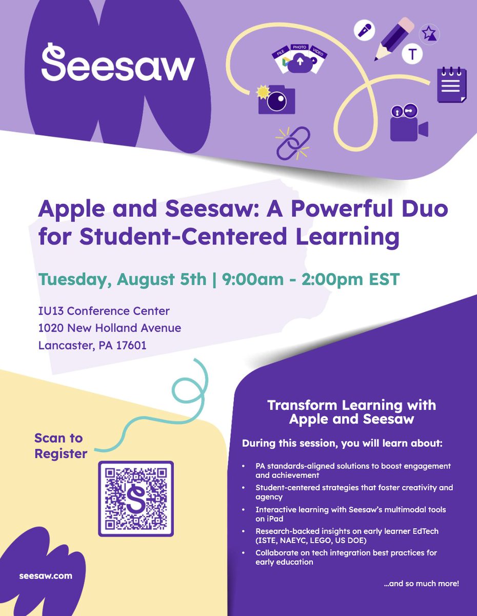 Join us on Aug. 5 for a FREE learning event at IU13, powered by <a href="/Seesaw/">Seesaw</a> &amp; <a href="/AppleEDU/">Apple Education</a>! Local educators join forces with the Seesaw and Apple teams for a day of collaboration &amp; innovation on how to bring student-centered learning to life!

Register today! hubs.li/Q03wN2TV0