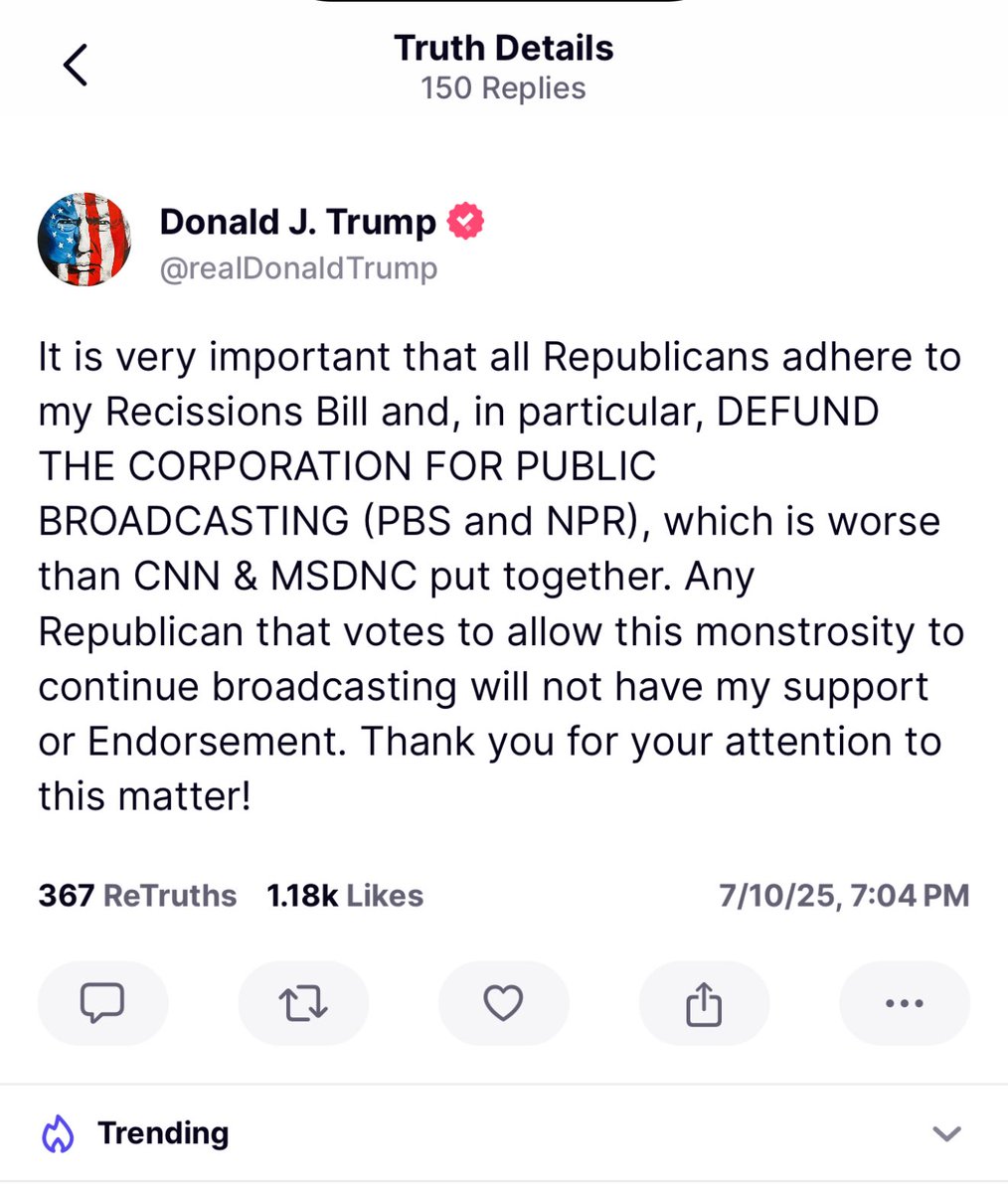 MZanona's tweet image. Trump says any Republican who votes against the rescissions package will “not have my support or endorsement”