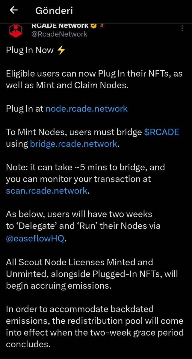 Plug In tekrar aktif oldu detaylar için👇

Uygun kullanıcılar artık NFT'lerini Plug In edebilir, ayrıca Node Mint edebilir ve Claim işlemi yapabilirler.

Plug In için: node.rcade.network

Node mint etmek isteyen kullanıcıların, $RCADE tokenlarını bridge.rcade.network