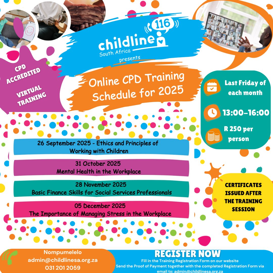 REMINDER: Check out our remaining CPD Accredited Trainings for this year! Don't miss out - register now to make sure you get your CPD points.

Visit this link for more information:
childlinesa.org.za/cpd-training-s…