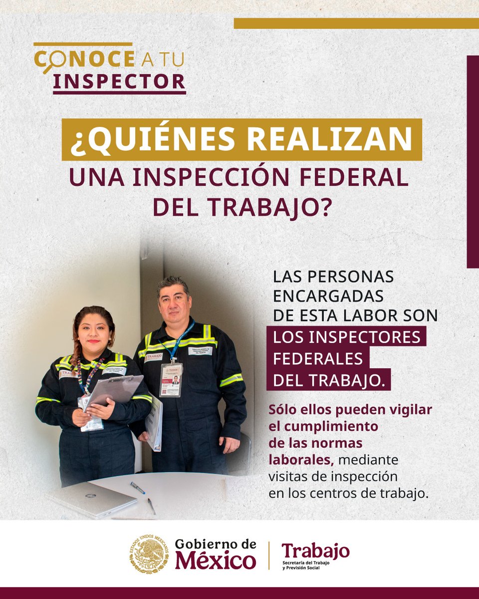 🤔 ¿Un Inspector Federal del Trabajo se presentó en tu centro de trabajo para hacer una visita de inspección?

🧐Verifica que esté adscrito a la Secretaría del Trabajo y Previsión Social.

💻Consulta el portal #ConoceATuInspector.

👉 acortar.link/9npmcz