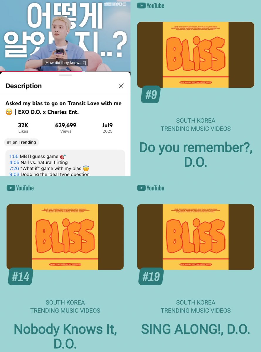 DOHSquad's tweet photo. 📢YOUTUBE📢

📈Trending Videos [South Korea]

1️⃣ Asked my bias to go on Transit Love with me 😳 | EXO D.O. x CharlesEnter
🔗https://t.co/SIXj356s3z

📈Trending in Music [South Korea]

9️⃣ Do You Remember [+1]
🎧 https://t.co/pRxHOOhdBo
🎧 https://t.co/PsKXV1wkk7

#14 Nobody Knows It [+3]
🎧 https://t.co/6FJOyeLRPR
🎧 https://t.co/O1dIpEek2x

#19 SING ALONG! [=]
🎧 https://t.co/DrQycfb9SW
🎧 https://t.co/EfMQNe7TFd

#도경수 #디오 #DO(D.O.) #DOHKYUNGSOO @companysoosoo_