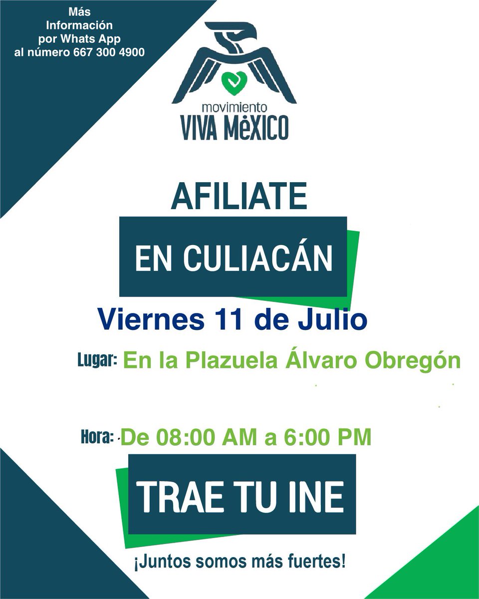 LE__OJ's tweet photo. ¡Te esperamos este viernes 11 de julio en la Plazuela Álvaro Obregón, aquí en la ciudad de Culiacán para que te afilies al Movimiento Viva México! #Culiacan #Sinaloa #Mexico #MVM #PMVM @PartidoMVM @SJuventudMVM 💪🏻🇲🇽🦅👊🏻 https://t.co/Z4GjzbmCoP