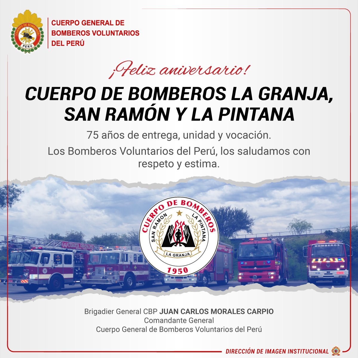 ¡75 años de entrega y vocación! 🙌

Desde el CGBVP, saludamos con respeto y estima al Cuerpo de Bomberos La Granja, San Ramón y La Pintana en su 75º Aniversario.

¡Gracias por su inquebrantable servicio! 🚒🇵🇪

#AniversarioBomberos #CGBVP #75añosdehistoria