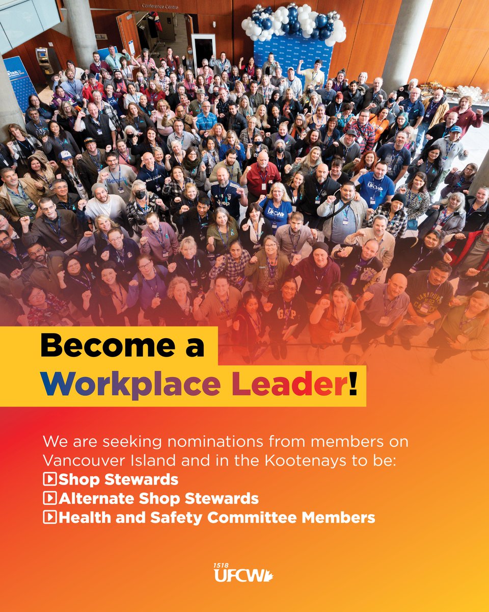 UFCW_1518's tweet image. If you're a member on Vancouver Island or in the Kootenays, check your emails for details of upcoming elections for Workplace Leaders!
If you need to update your contact details to receive emails from us, please get in touch at reception@ufcw1518.com