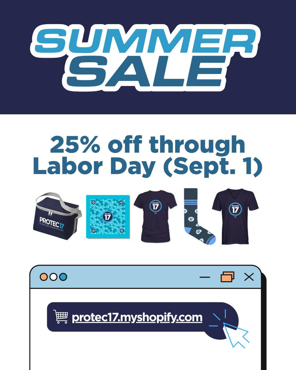 PTE17's tweet image. Have heard about our Summer Sale?? βοΈ No worries, we've got you covered (figuratively and literally if you buy one of our union clothing items π). 25% off NOW through Labor Day (Sept. 1)! #UnionSwag #UnionGear #HotUnionSummer
π protec17.myshopify.com