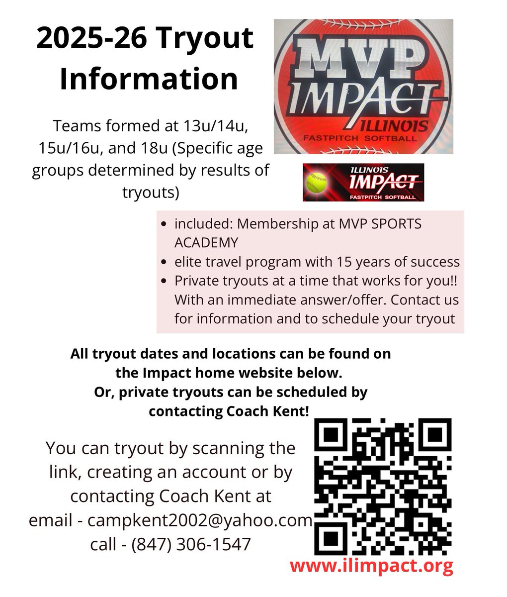 MVP Illinois Impact Fastpitch (@ilimpactfp) on Twitter photo Illinois Impact Softball (Lake Zurich, IL) TRYOUTS - July 14th/15th or any other time you prefer. Teams at 14u, 15u, 16u, and 18u. Contact Kent Szarabajka 847-306-1547 campkent2002@yahoo.com Illinois Impact Softball (Lake Zurich, IL) TRYOUTS - July 14th/15th or any other time you prefer. Teams at 14u, 15u, 16u, and 18u. Contact Kent Szarabajka 847-306-1547 campkent2002@yahoo.com