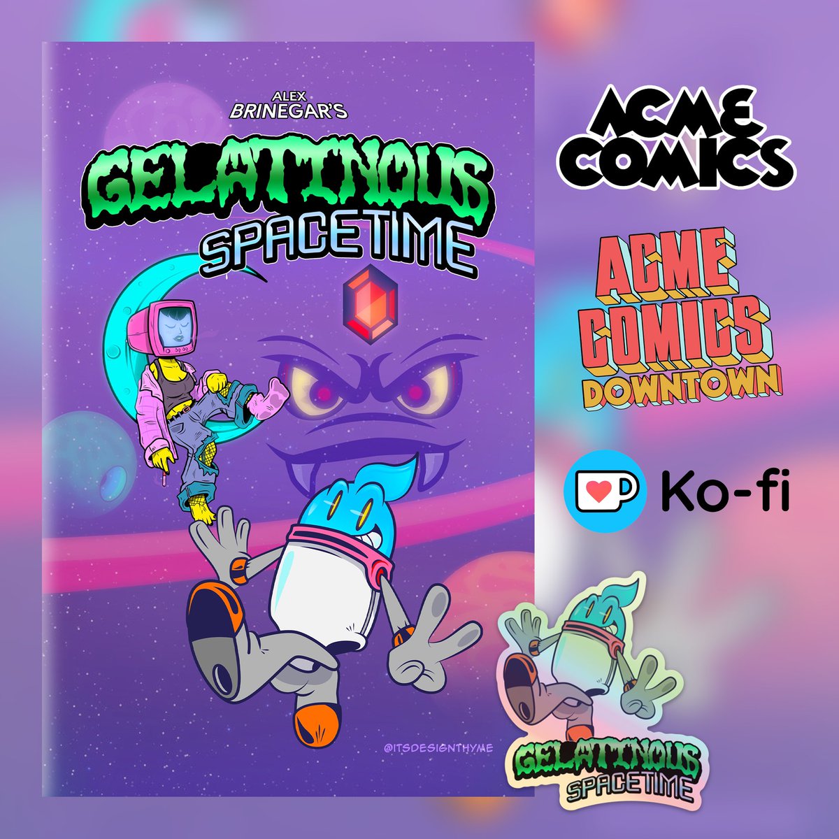 clobberinthyme's tweet image. Gelatinous Spacetime is here! My first ever comic book releases next Wednesday! Physical copies will be available at both Acme Comics locations, and come with a free sticker - digital copies will be available on my Ko-fi! I can’t wait to share JELL-E’s adventures with you all!