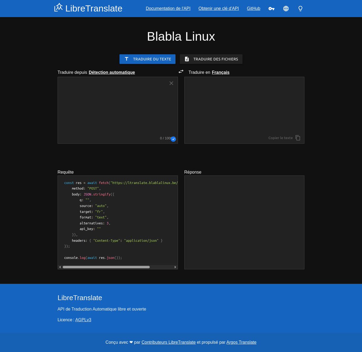 BlablaLinux's tweet image. #LibreTranslate Blabla Linux passe en version 1.7.2 🫵
👉 GitHub : github.com/LibreTranslate…
👉 Chez Blabla Linux : ltranslate.blablalinux.be