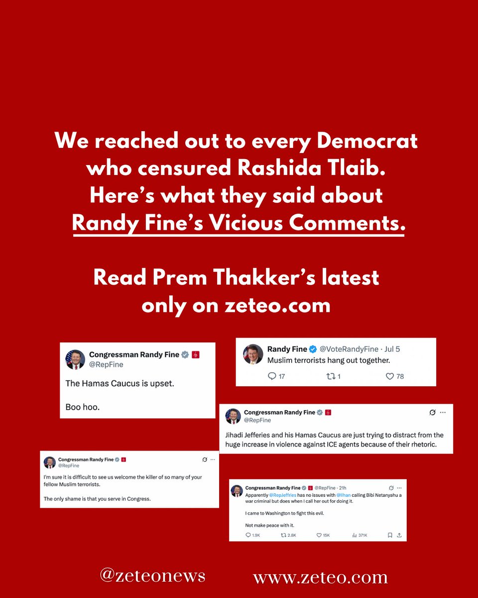 Randy Fine vilified an entire religion and has been unpunished by the same people who attacked Rashida Tlaib for simply calling for her people’s safety.

<a href="/prem_thakker/">Prem Thakker</a> on the Republican who called Tlaib, Ilhan Omar, and Zohran Mamdani “Muslim terrorists”

zeteo.com/p/republican-l…