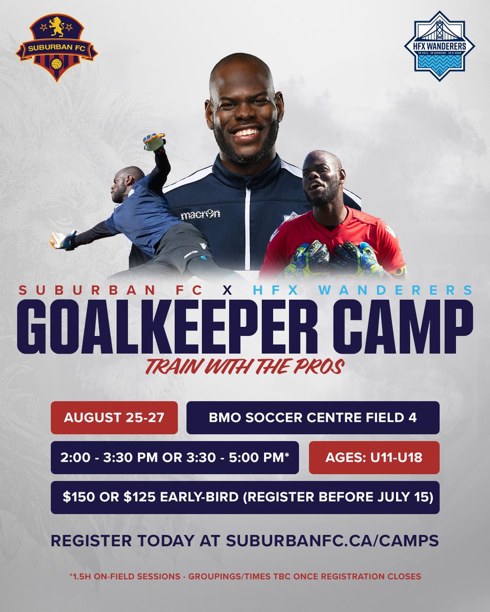 🚨 CALLING ALL GOALKEEPERS 🚨

Train with the pros this August during our 3-day GK Camp led by HFX Wanderers goalkeeper coach (&amp; former captain + Trinidad &amp; Tobago international) Jan-Michael Williams 🧤 

ℹ️ For more info &amp; to register, visit suburbanfc.ca/Camps