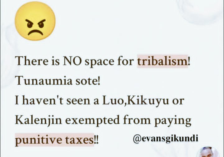Evans Gikundi (@evansgikun22045) on Twitter photo There is ๐ก๐ข space for tribalism!
Tunaumia zote!
I haven't seen a Luo,Kikuyu or Kalenjin exempted from paying ๐ฝ๐๐ป๐ถ๐๐ถ๐๐ฒ ๐๐ฎ๐
๐ฒ๐!!
Hear the voice of all kenyans,Creates alots of jobs for the youths than building alot of Churches while people are suffering of hunger There is ๐ก๐ข space for tribalism!
Tunaumia zote!
I haven't seen a Luo,Kikuyu or Kalenjin exempted from paying ๐ฝ๐๐ป๐ถ๐๐ถ๐๐ฒ ๐๐ฎ๐
๐ฒ๐!!
Hear the voice of all kenyans,Creates alots of jobs for the youths than building alot of Churches while people are suffering of hunger