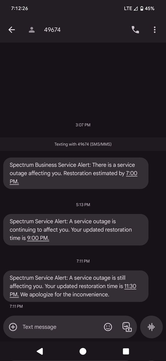 WorldOfShelly's tweet photo. @Ask_Spectrum @GetSpectrum please do better. Over 12 hours downtime for business class is ridiculous on a weekday! Was down nearly 4 hours before you even sent out first text! https://t.co/rsGLho8D26