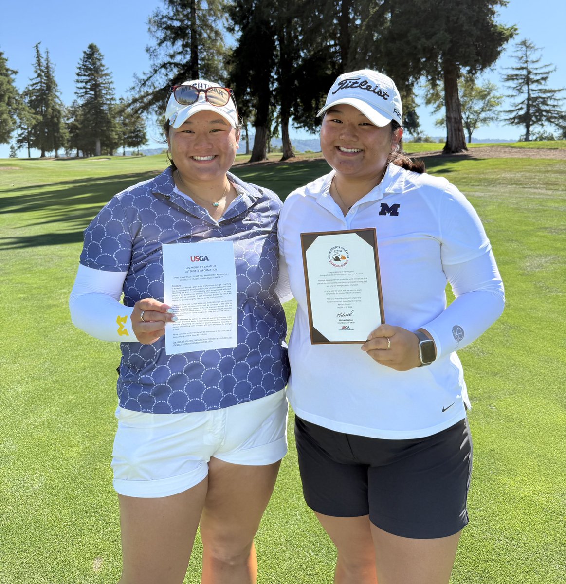 With a 69 (-1) at La Rinconada CC, Lauren Sung has qualified! She will be in the field at the @usga Women's Amateur. But wait, there's more! After her 70 (E), sister Sydney won her 7-golfer playoff to earn the first alternate spot!

Scoring: myumi.ch/P39Rd

#GoBlue