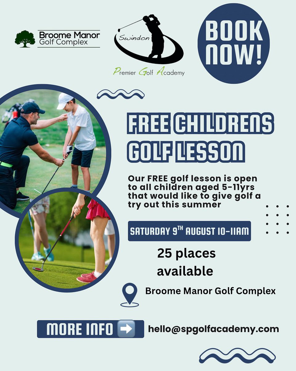 SPGolfAcademy (@spgolfacademy) on Twitter photo FREE Children’s Golf Lesson at <a href="/broomemanorgolf/">Broome Manor Golf Complex</a> Saturday 9th Aug 10-11am open to all 5-11yr olds that would like to try golf 🏌🏼♂️🏌️♀️
To book your child’s place simply
📧hello@spgolfacademy.com
#freegolflesson #children #swindon FREE Children’s Golf Lesson at <a href="/broomemanorgolf/">Broome Manor Golf Complex</a> Saturday 9th Aug 10-11am open to all 5-11yr olds that would like to try golf 🏌🏼♂️🏌️♀️
To book your child’s place simply
📧hello@spgolfacademy.com
#freegolflesson #children #swindon