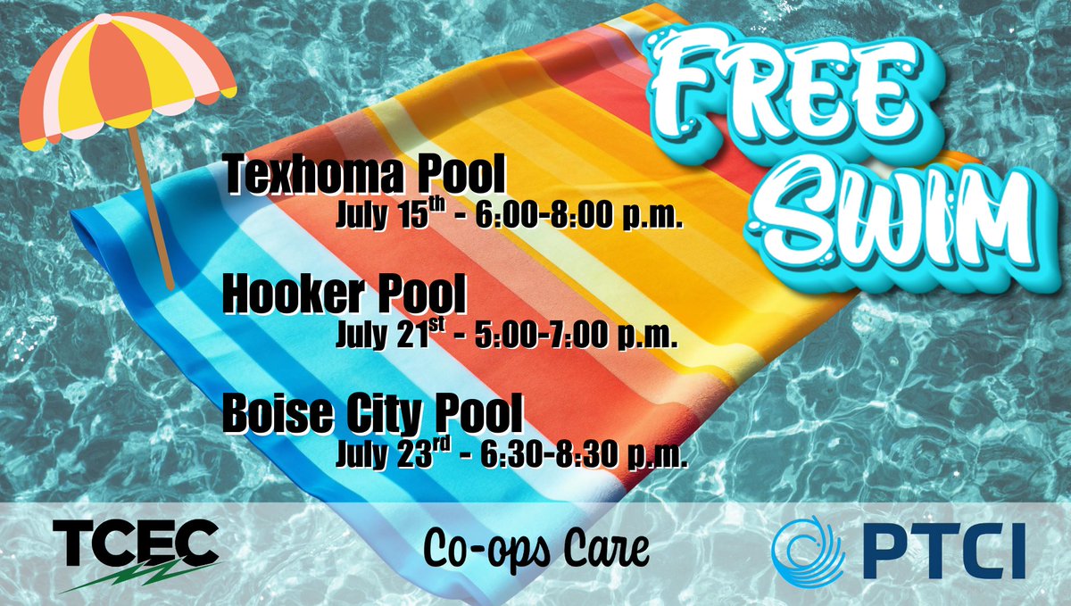 Tri_CountyEC's tweet image. 🌊 Dive into summer fun! 🏖️
Join us for FREE swim nights in Texhoma, Hooker, and Boise City! 🏊‍♂️☀️

🗓️ Texhoma – July 15 | 6–8 PM
🗓️ Hooker – July 21 | 5–7 PM
🗓️ Boise City – July 23 | 6:30–8:30 PM

Brought to you by TCEC &amp;amp; PTCI 
#CoopsCare #FreeSwim