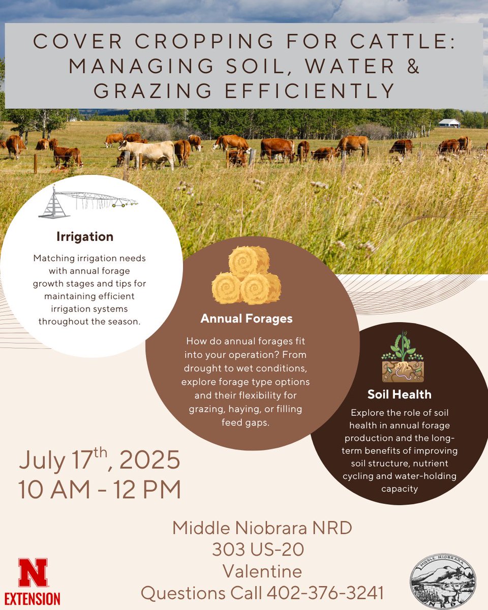 beef_educator's tweet image. Couple events of interest to area ranchers next week…
*Wed July 16 - UNL Barta Brothers Field Day, 9 AM CT, near Rose
*Thurs July 17 - Cover Cropping for Cattle, 10-12 CT, Valentine
More info on these and other activities in our area at linktr.ee/beefeducator