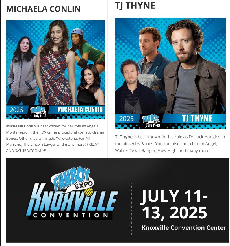 Linda Geraghty (@geraghtyvl) on Twitter photo <a href="/KathyReichs/">Kathy Reichs</a> Boneheads! Our <a href="/TJThyne/">TJ Thyne</a> & <a href="/michaelaconlin/">Michaela Conlin</a> are heading to <a href="/FanboyExpo/">Fanboy Expo</a> July 11-13th! fanboyexpo.com/knoxville/cele… <a href="/KathyReichs/">Kathy Reichs</a> Boneheads! Our <a href="/TJThyne/">TJ Thyne</a> & <a href="/michaelaconlin/">Michaela Conlin</a> are heading to <a href="/FanboyExpo/">Fanboy Expo</a> July 11-13th! fanboyexpo.com/knoxville/cele…