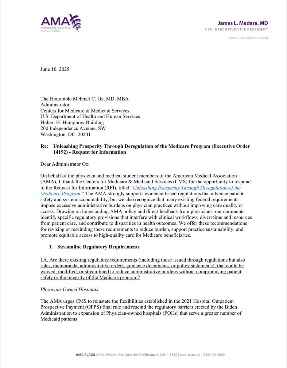 More AMA responses to CMS RFI to ⬇️ administrative burden

🧵with excerpts from Opportunities to Reduce Burden of Reporting and Documentation:

•Obstetrical Services Conditions of Participation
•APMs
•Stark Law Restrictions for Rural Physician Practices
•IDR under NSA