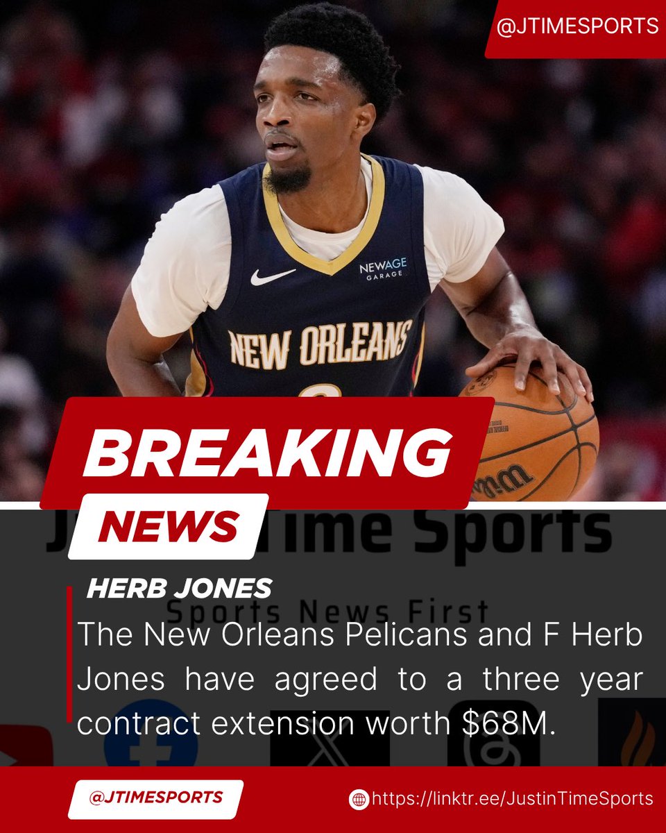 BREAKING: The New Orleans Pelicans and F Herb Jones have agreed to a three year contract extension worth $68M. This brings his total contract to five years worth $97M including a player option. He is under contract through 2029-2030 #NBA
