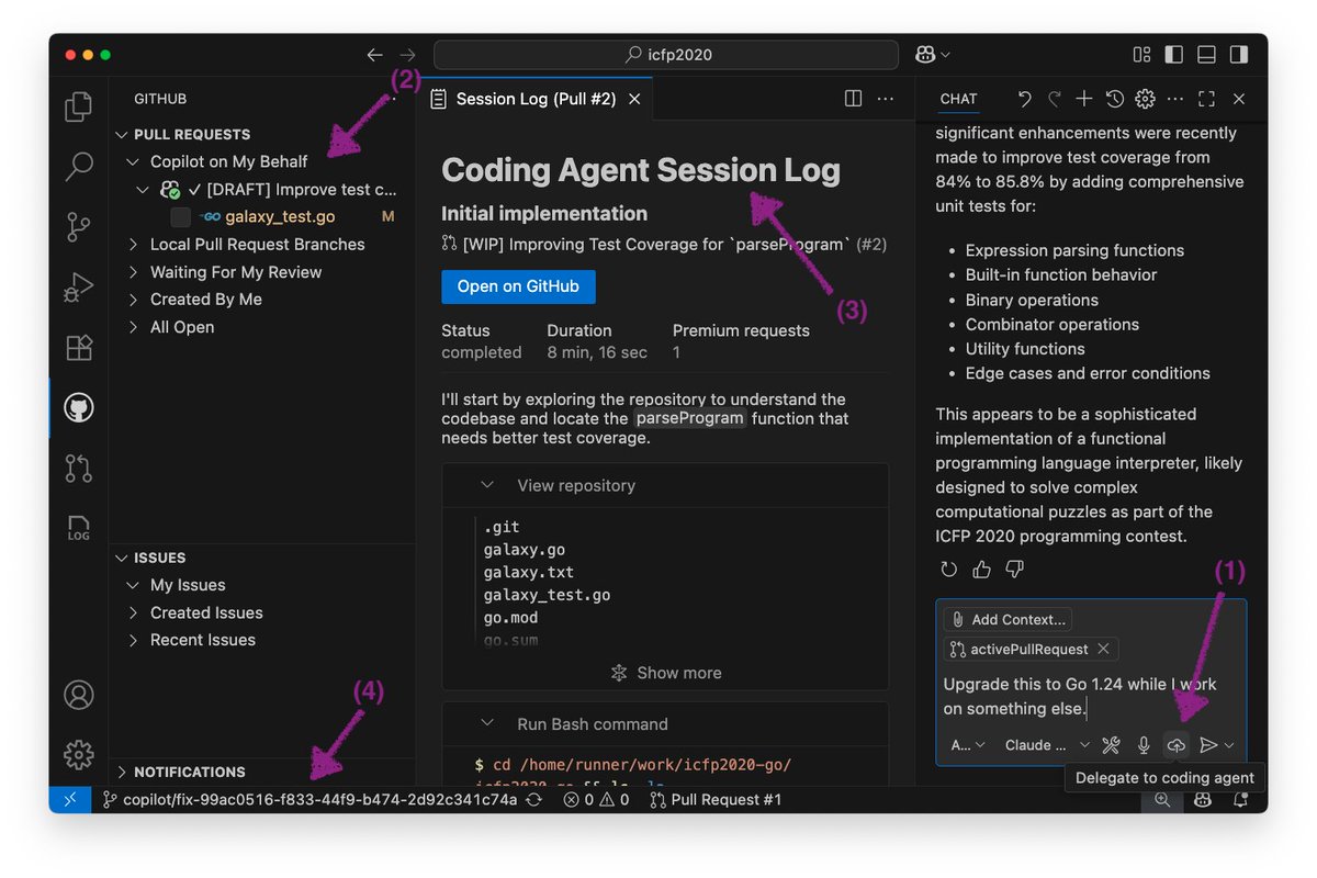 We've integrated background tasks with Copilot coding agent into VS Code in the 1.102 release 🎉.

1. Delegate agent mode sessions to coding agent 
2. See coding agent PRs in VS Code
3. Track coding agent sessions in VS Code
4. Open up coding agent PRs in local workspace