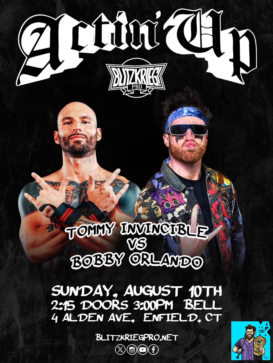 Blitzkrieg_Pro's tweet image. TICKETS ARE LIVE!

Front Row - 1 remaining
Second Row - 21 remain

Don’t miss “Actin Up” on Sunday August 10th!

Feat: @ZacharyWentz v @CharlesMas0n 
@TheMainManOro vs @UpAndyBrown 
Invincible vs @TheBobbyOrlando 

🎟: BlitzkriegPro.net