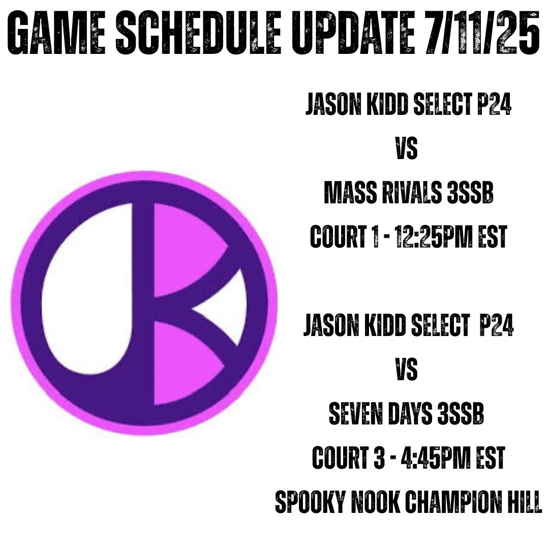 Jason Kidd Select GBB (@jkselectgbb) on Twitter photo ATTENTION COACHES!!!
Our first game tomorrow has been pushed back to 12:25pm. ATTENTION COACHES!!!
Our first game tomorrow has been pushed back to 12:25pm.