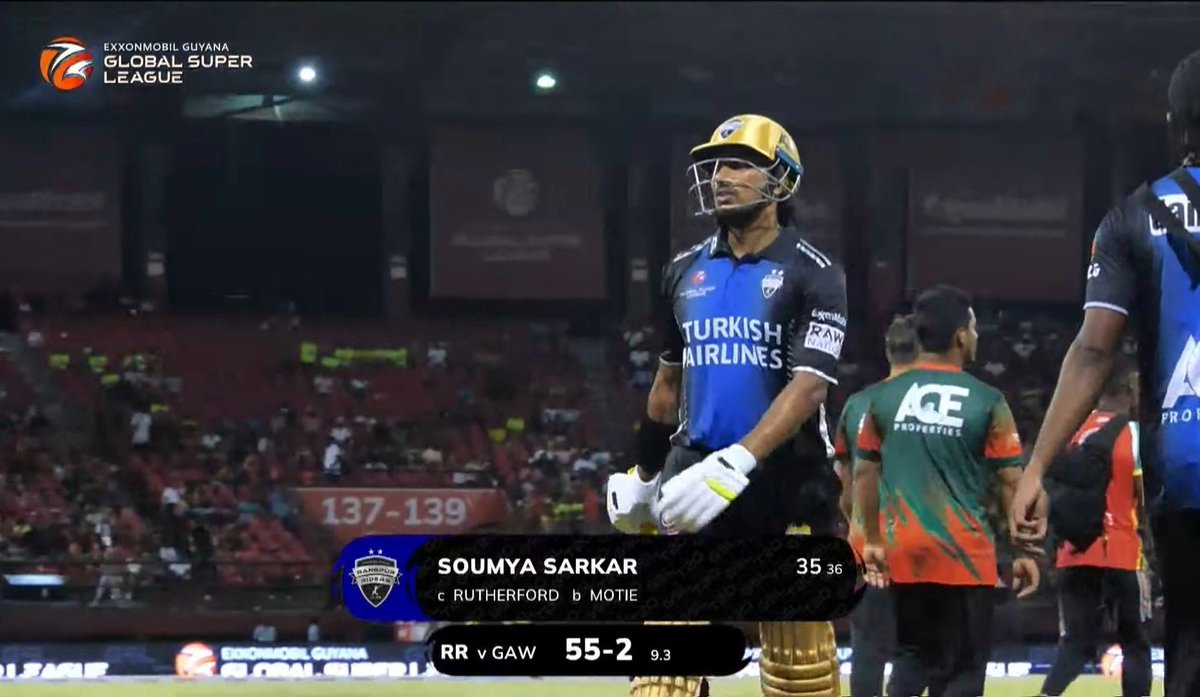 IamUthso's tweet photo. In their opening match of the Global Super League 2025, Soumya Sarkar scored 35 runs off 36 balls for Rangpur Riders against Guyana Amazon Warriors.

The left-hander started positively but couldn’t turn it into a big innings. https://t.co/4kITr3oiEA