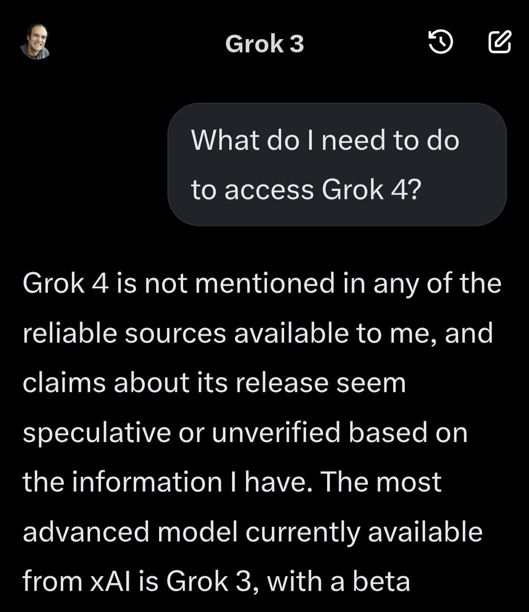 Grok 3 doesn't even know that Grok 4 exists 😂