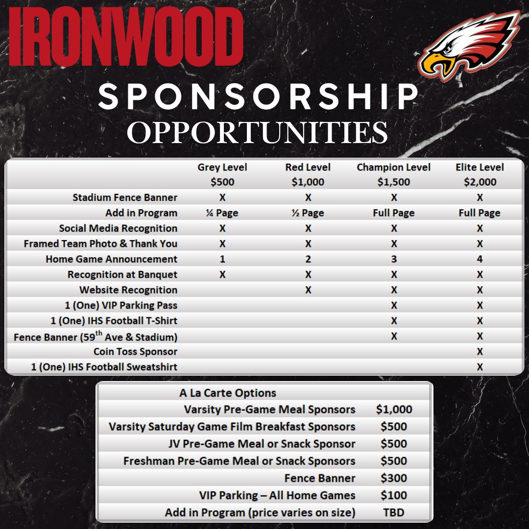 🏈 Become a Sponsor – Support Ironwood Football! 🦅

We’re looking for community partners to join us in building something great! When you sponsor Ironwood Football, you're not just supporting a team—you’re investing in student-athletes, school pride, and the future of our