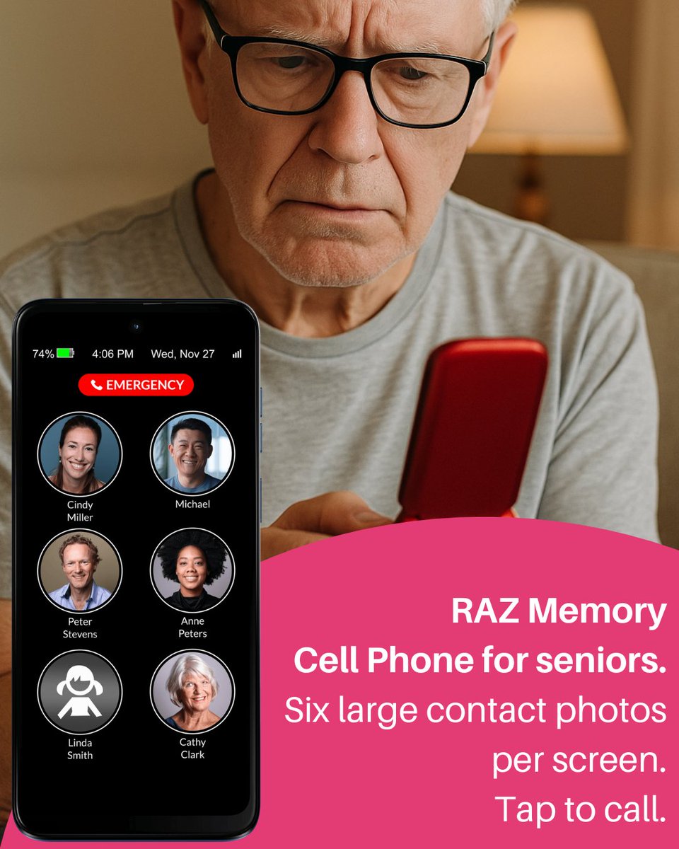 When memory loss or confusion sets in, even something as simple as finding the right contact can become overwhelming. Your senior may forget names, scroll endlessly, or call the wrong person by mistake.

The RAZ Memory Cell Phone solves this by keeping the home screen clear and