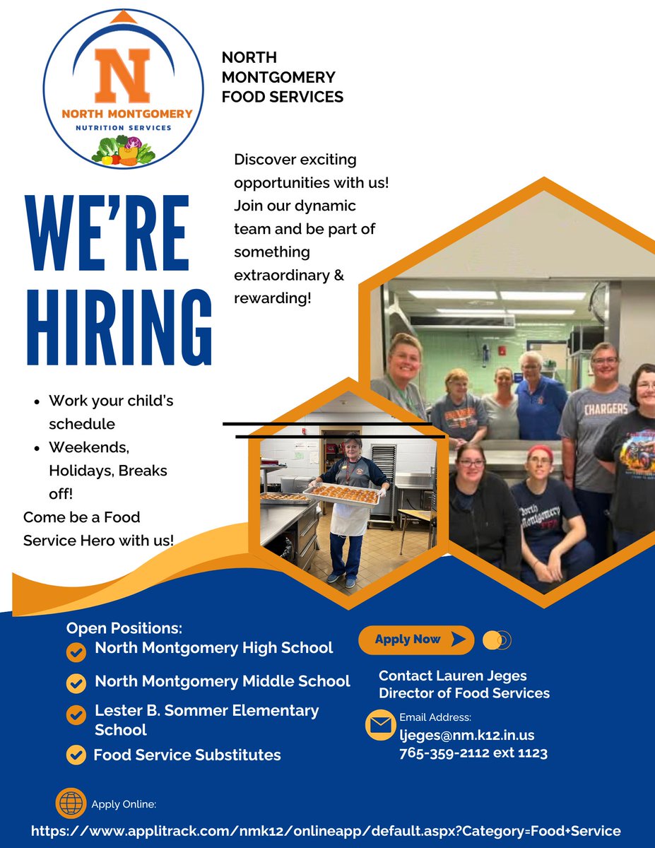 🍎 We're Hiring at NMCSC!  Looking for a rewarding job that works with your child’s schedule? Join our dynamic Food Services Team!📍 Openings at: • NMHS • NMMS • LBS
Apply today 👉 applitrack.com/nmk12/onlineap…
📩 Questions? Contact Lauren Jeges at ljeges@nm.k12.in.us