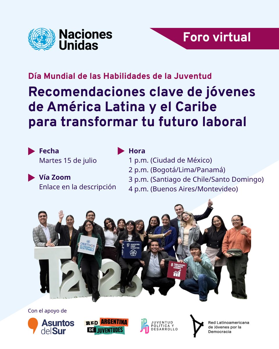 🔔 Este 15 de julio, las y los jóvenes de América Latina y el Caribe compartirán propuestas para transformar el futuro laboral.

Trabajo decente, inclusión y habilidades para el empleo.
Día Mundial de las Habilidades de la Juventud.

🔗 Participa: ilo.org/es/meetings-an…